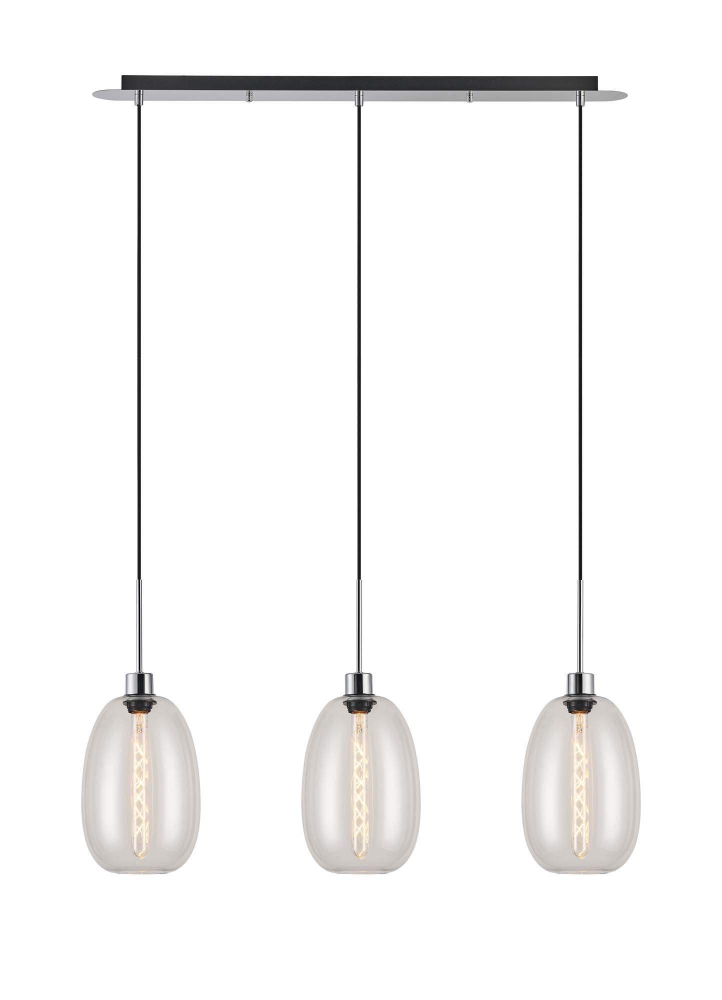 DK1301  Lori Linear Pendant, 3 Light Adjustable E27, Polished Chrome/Clear Slim Curved Trapezium Shades